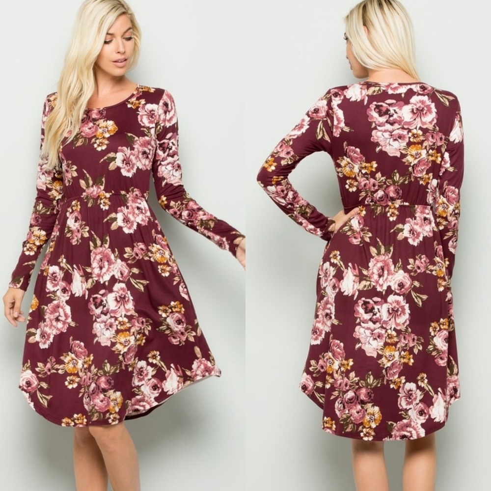 Burgundy floral midi dress